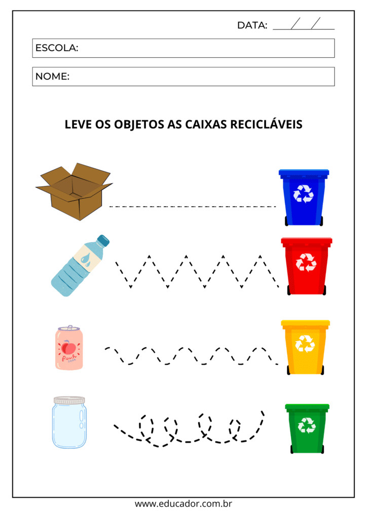 Atividade de riscar sobre linhas pontilhadas e conectar os lixos às lixeiras na cor de separação dos materiais.