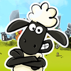 Imagem da logo do jogo Shaun é Sustentável. Mostra o carneiro Shaun de braços cruzados e sorrindo em frente a um campo verde com prédios ao fundo.