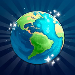 Imagem da logo do jogo Eco Terra. Mostra o planeta com aspecto animado e com brilhos e luzes ao redor deixando o destaque sobre ele no centro.