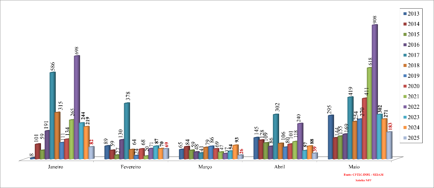 Gráfico de quantidade de queimadas por meses e mostrando a diminuição nos últimos anos.