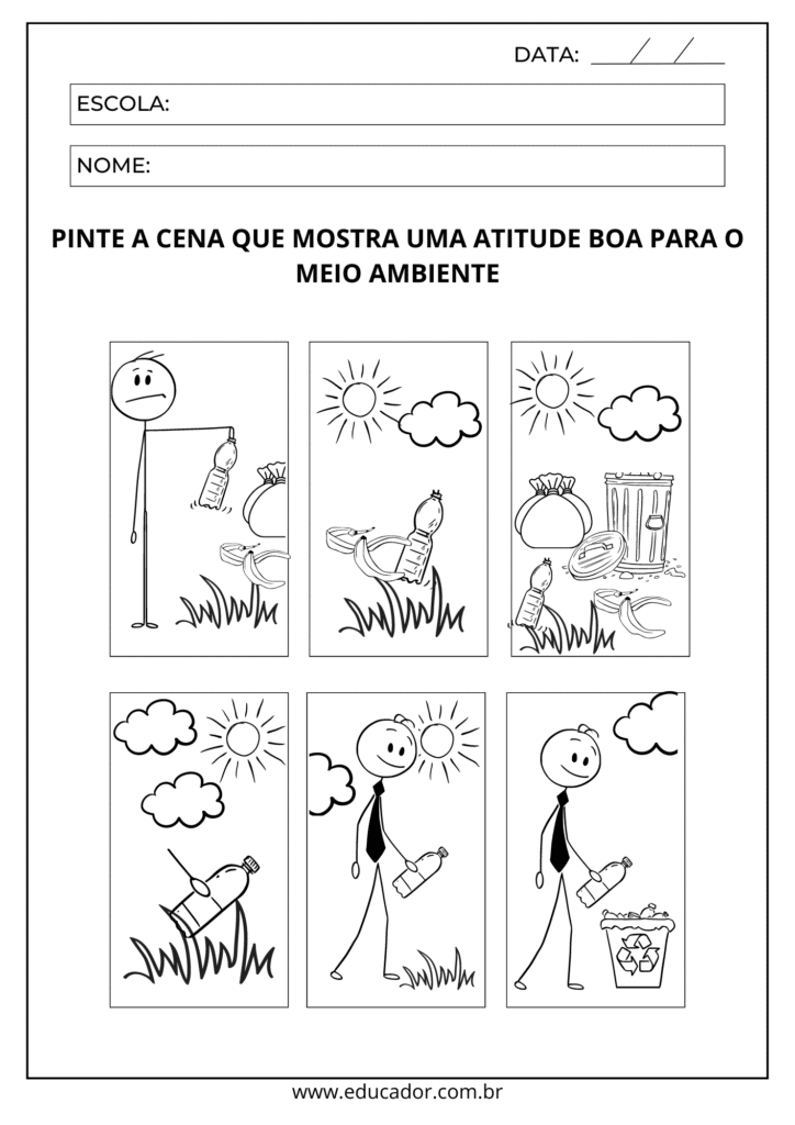 Modelo de atividade infantil onde se deve pintar as imagens que representam boas práticas com o meio ambiente.